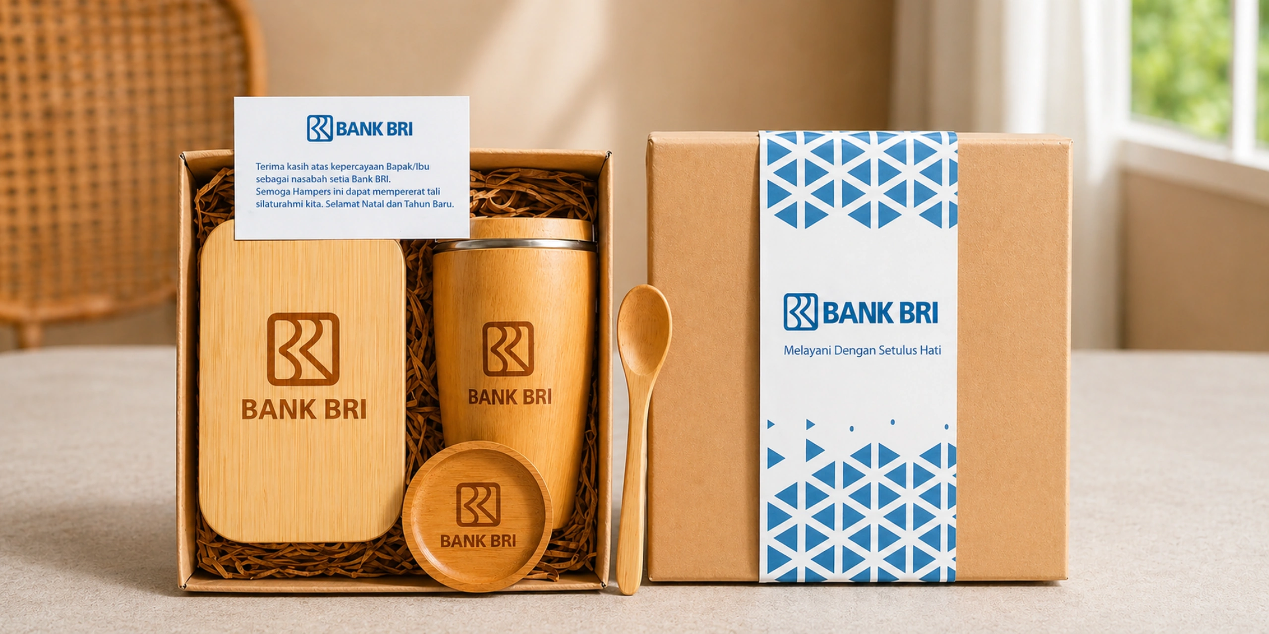 Hampers korporat Bank BRI dengan kemasan kayu mahoni dari Saville